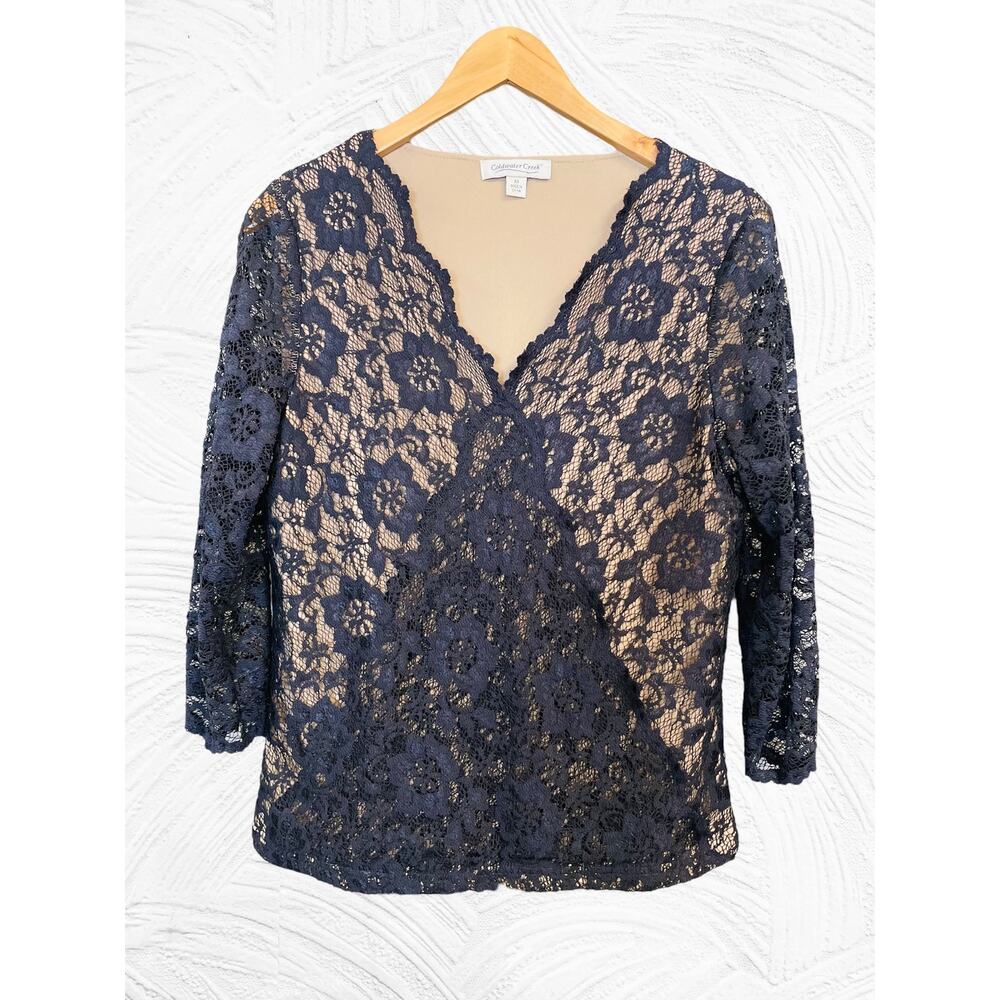 Coldwater Creek Navy Beautiful Lace Top,‎ Lined, Sheer Arms, Ladies Medium